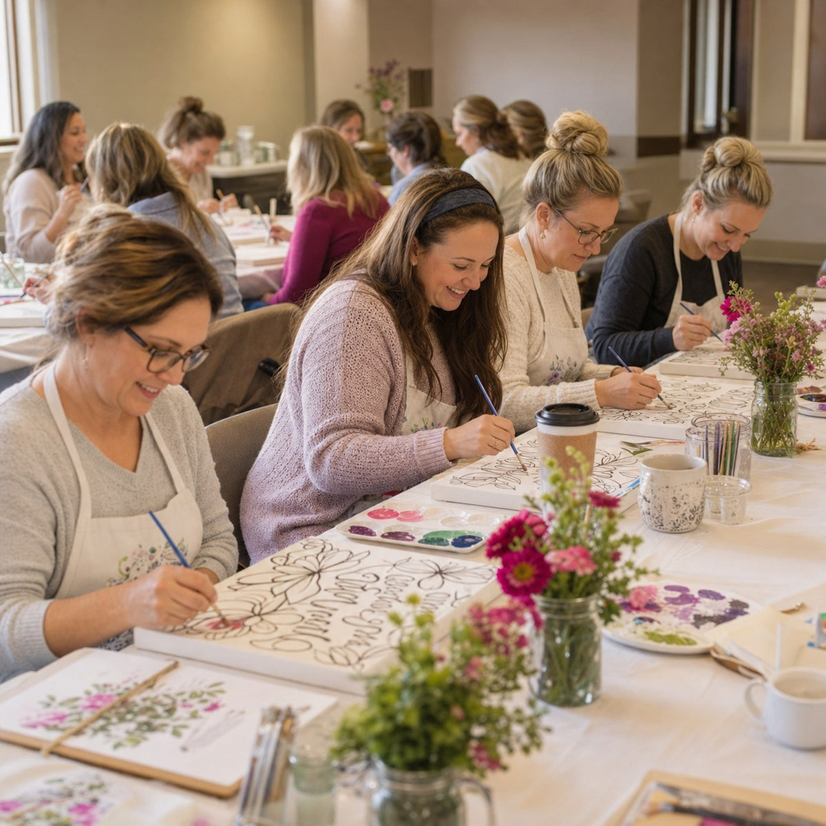 Women painting outline canvases together at a church fellowship hall paint night