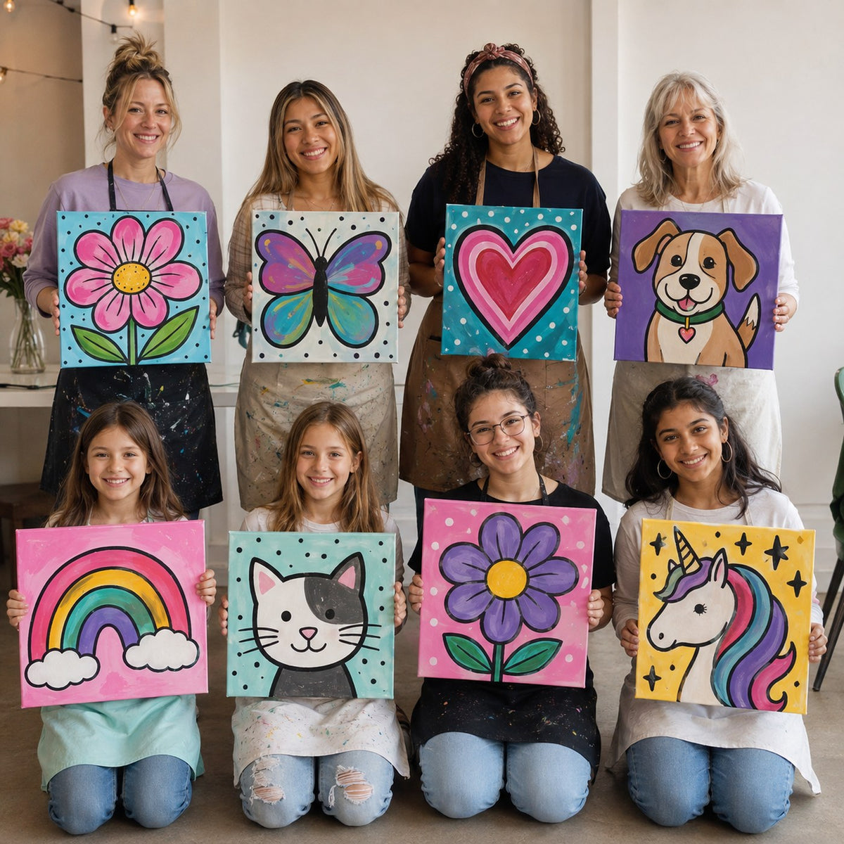 Adults and children holding up finished paint party canvases of flowers, animals and rainbows
