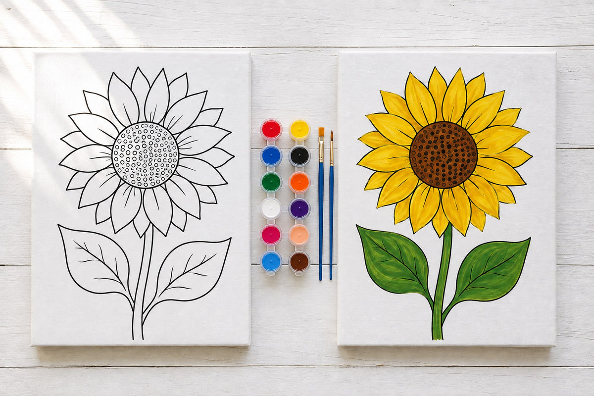 Pre-outlined sunflower canvas before painting next to the same canvas finished in color