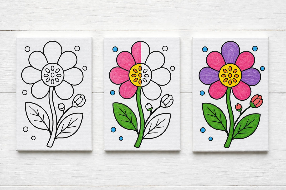 Three canvases showing a paint party design blank, half painted and complete