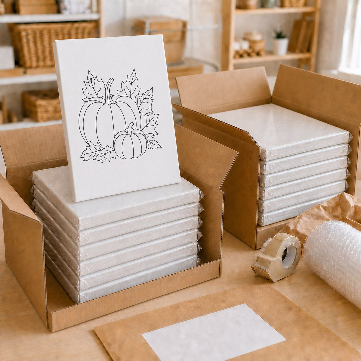 Stack of individually wrapped outline canvases packed in a shipping box