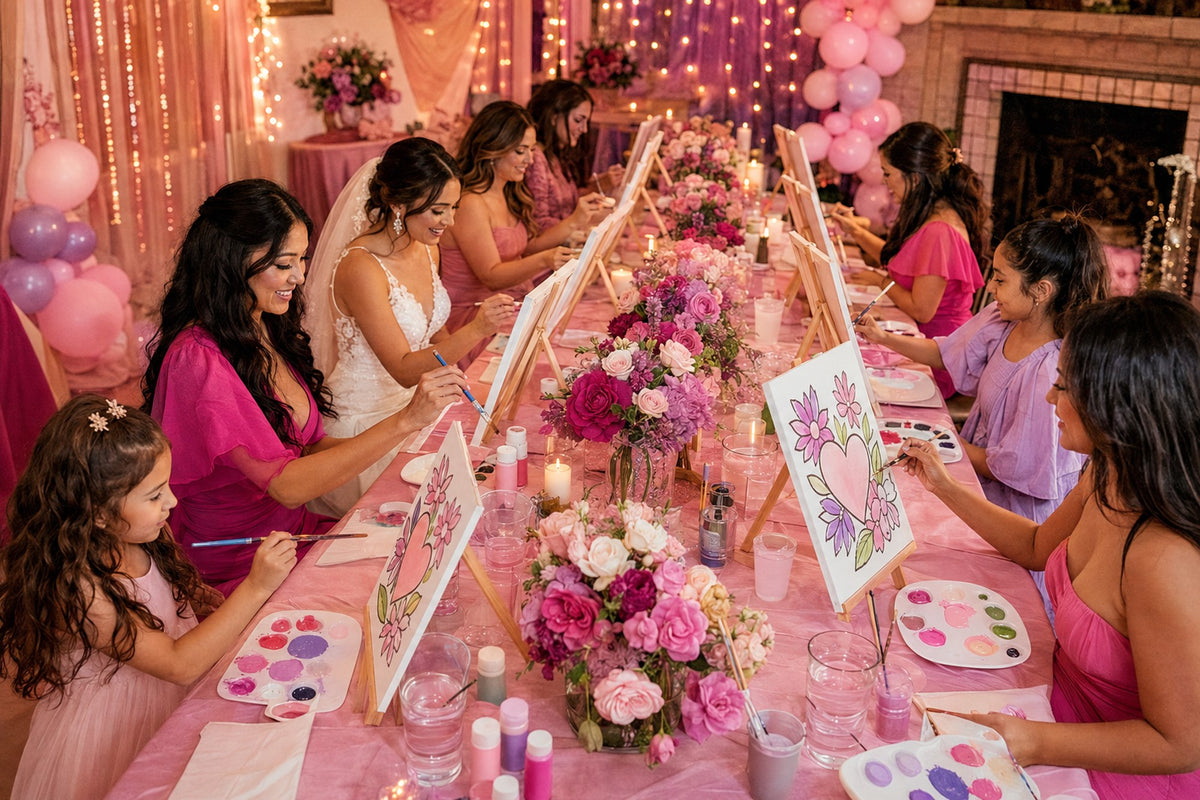 Bridal party painting floral outline canvases at a pink bridal shower table