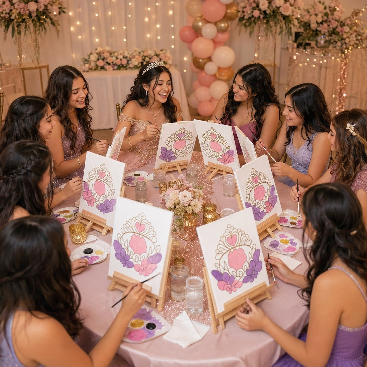 Quinceanera and her court painting tiara outline canvases at a pink and gold party