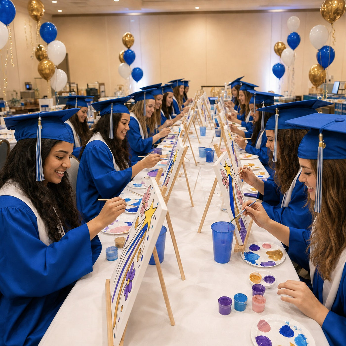 Graduates in caps and gowns painting outline canvases at a graduation party
