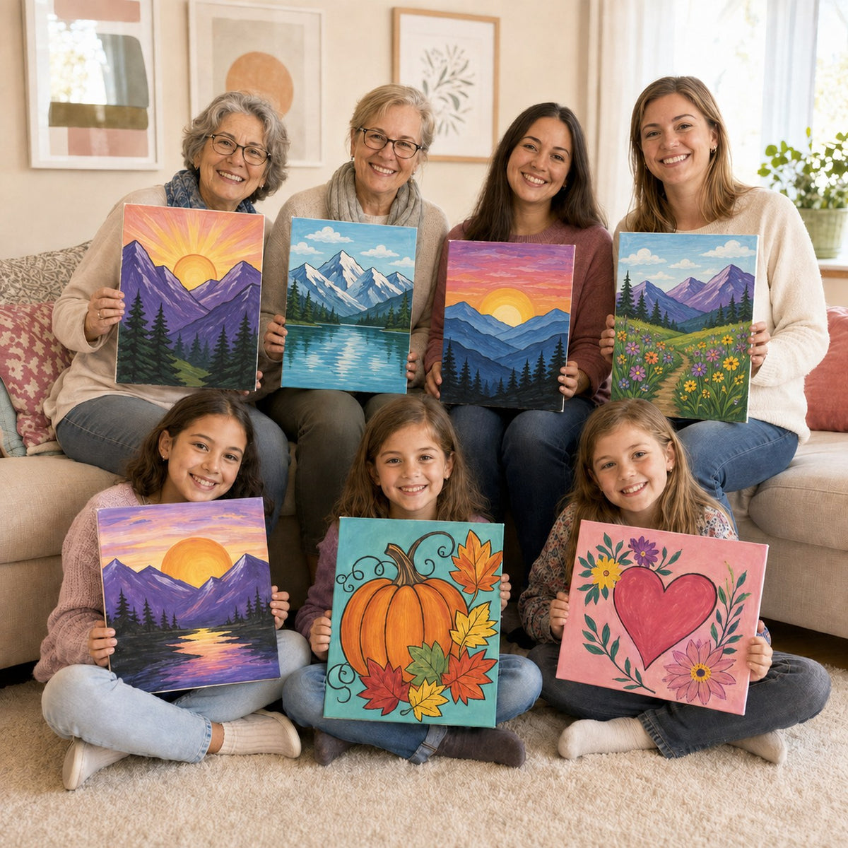 Three generations of a family holding up finished paintings at a family paint day