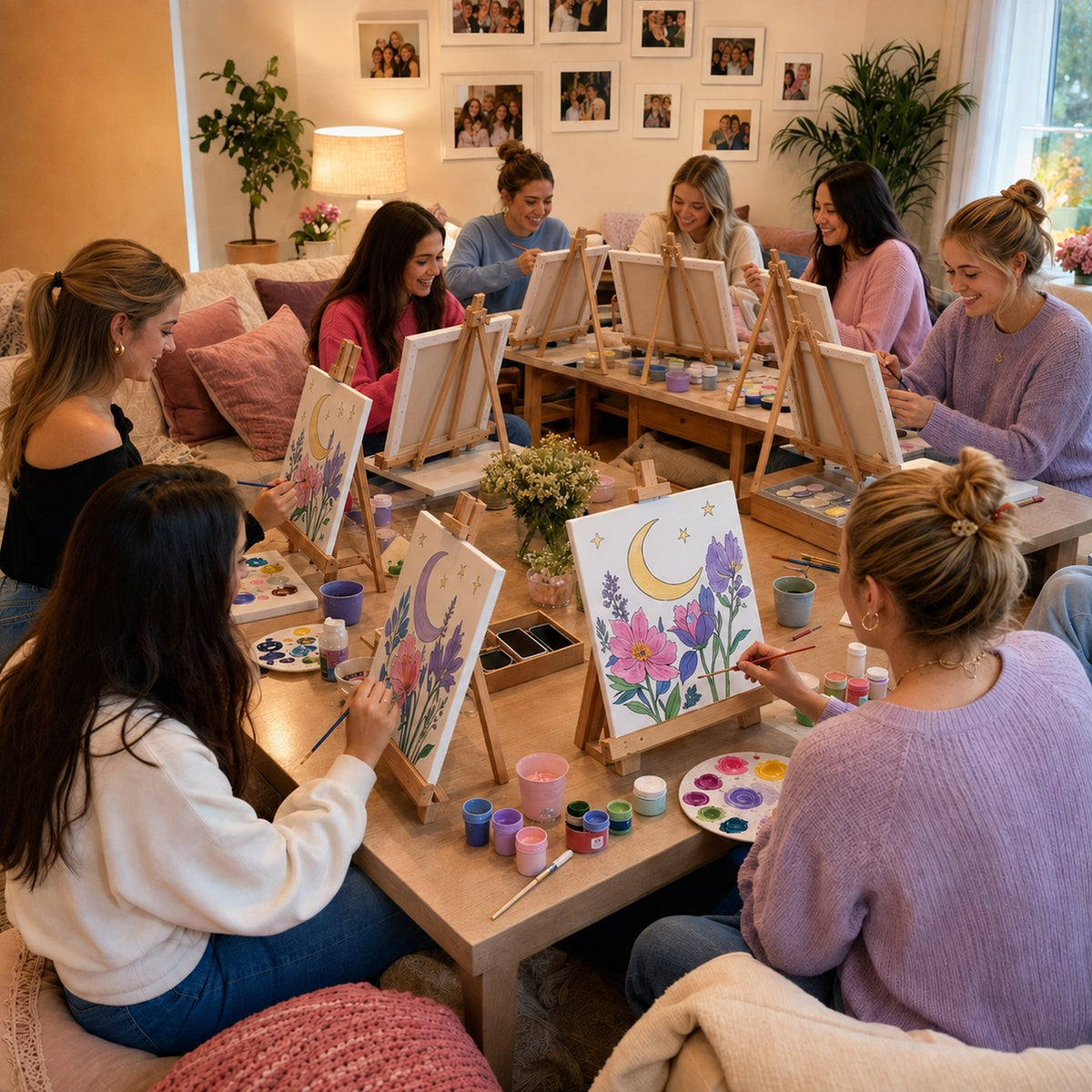 Sorority sisters painting floral outline canvases together in a chapter house