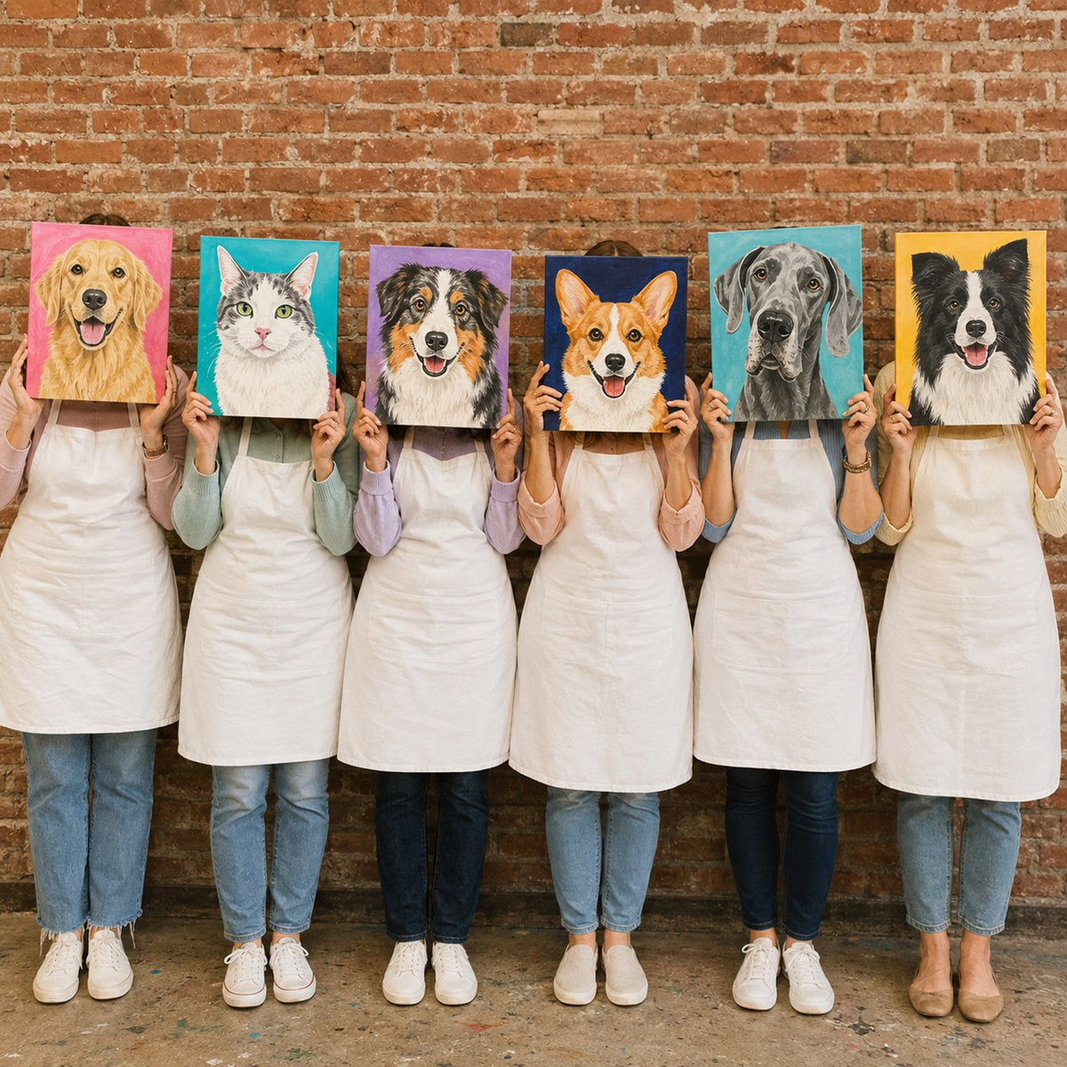 Six people holding painted pet portrait canvases of their dogs and cats