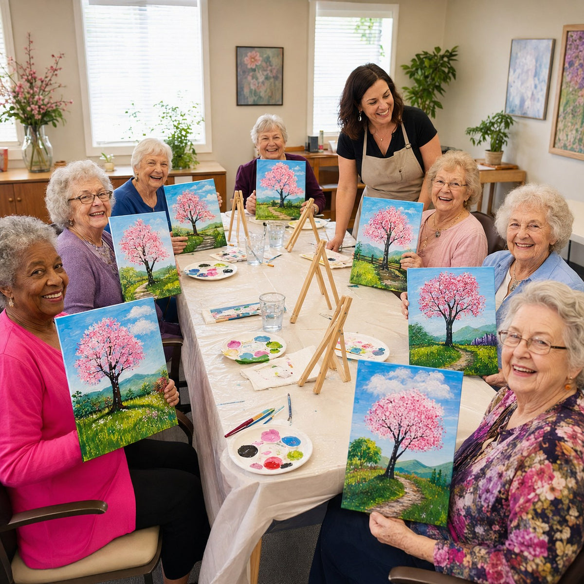 Seniors holding up finished cherry blossom paintings at a wellness centre paint session