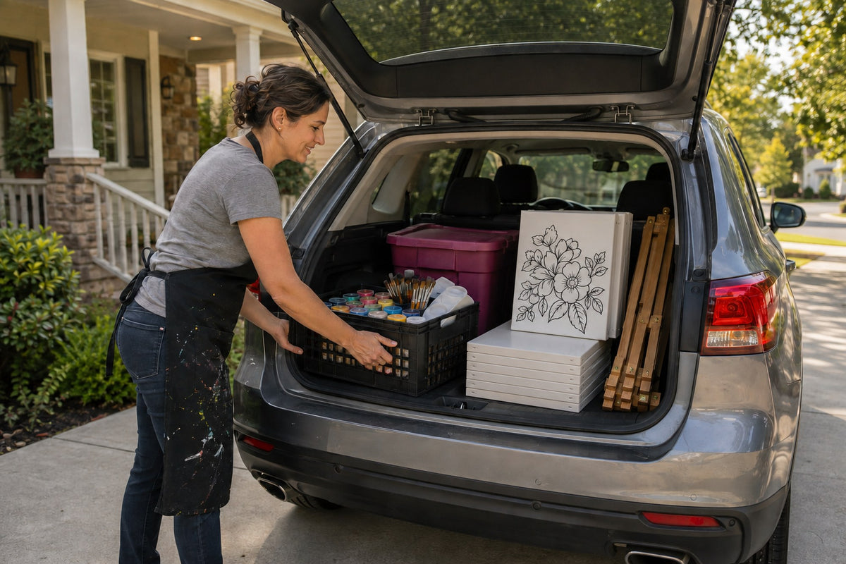 Mobile paint party host loading canvases, easels and supplies into an SUV