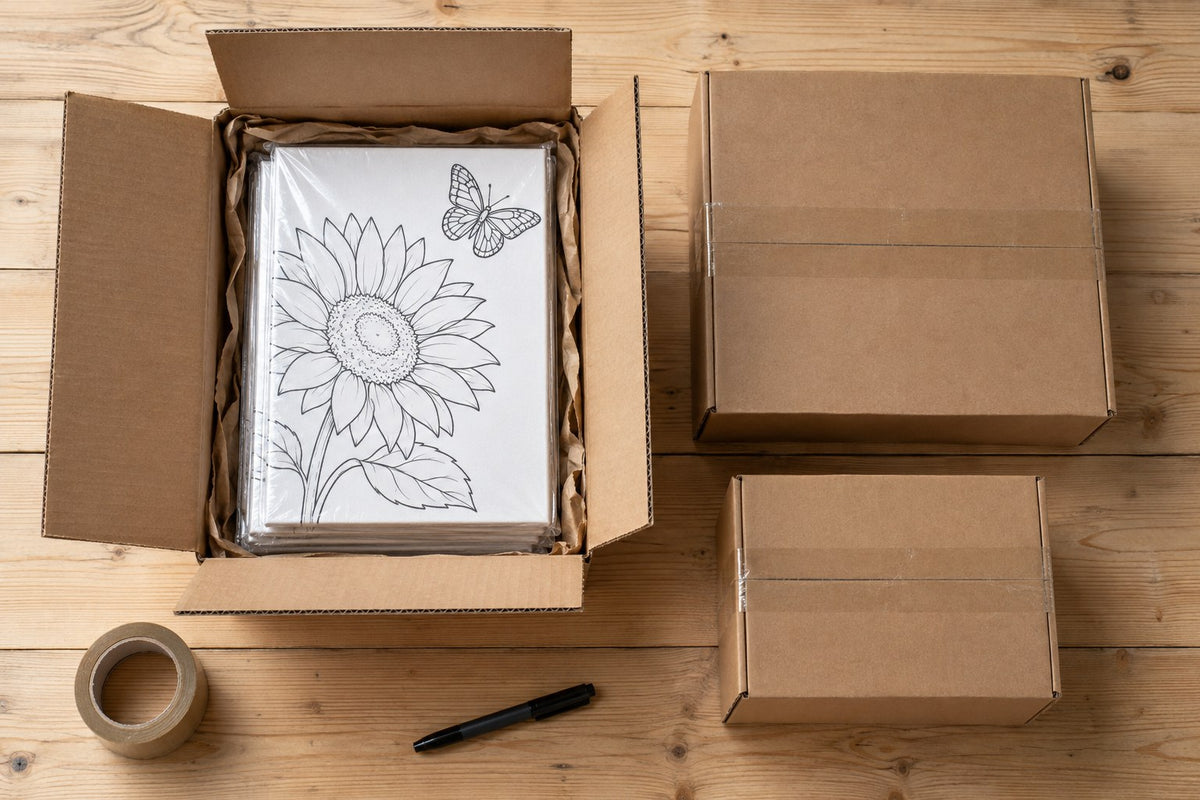 Shipping boxes of individually wrapped pre-outlined canvases ready to send