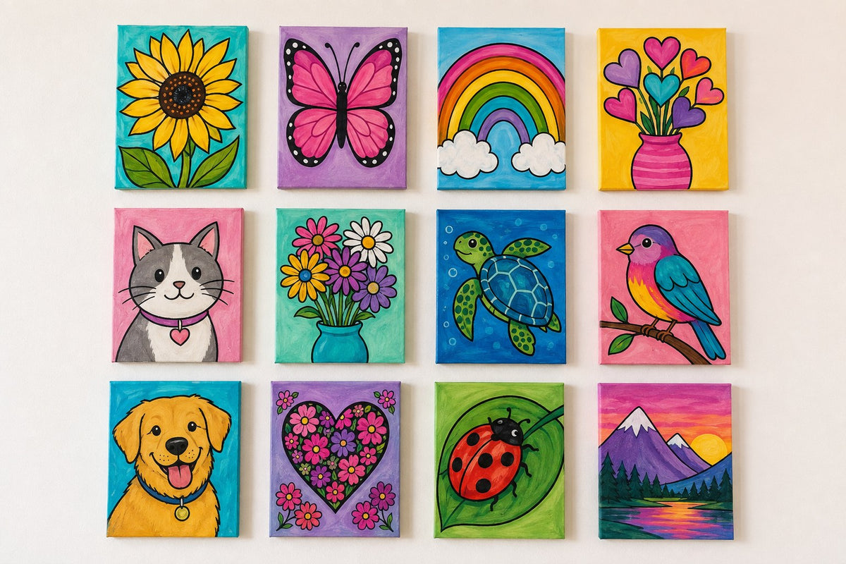 Wall of finished paint party canvases in flowers, animals, rainbows and hearts