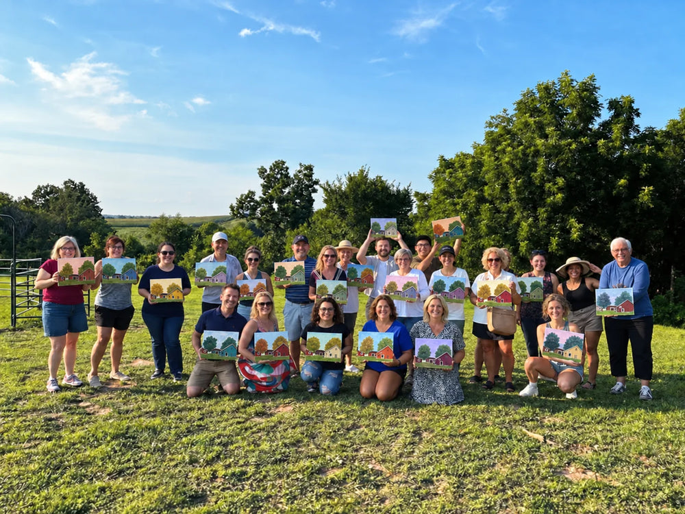 An outdoor group with individually colored barn paintings